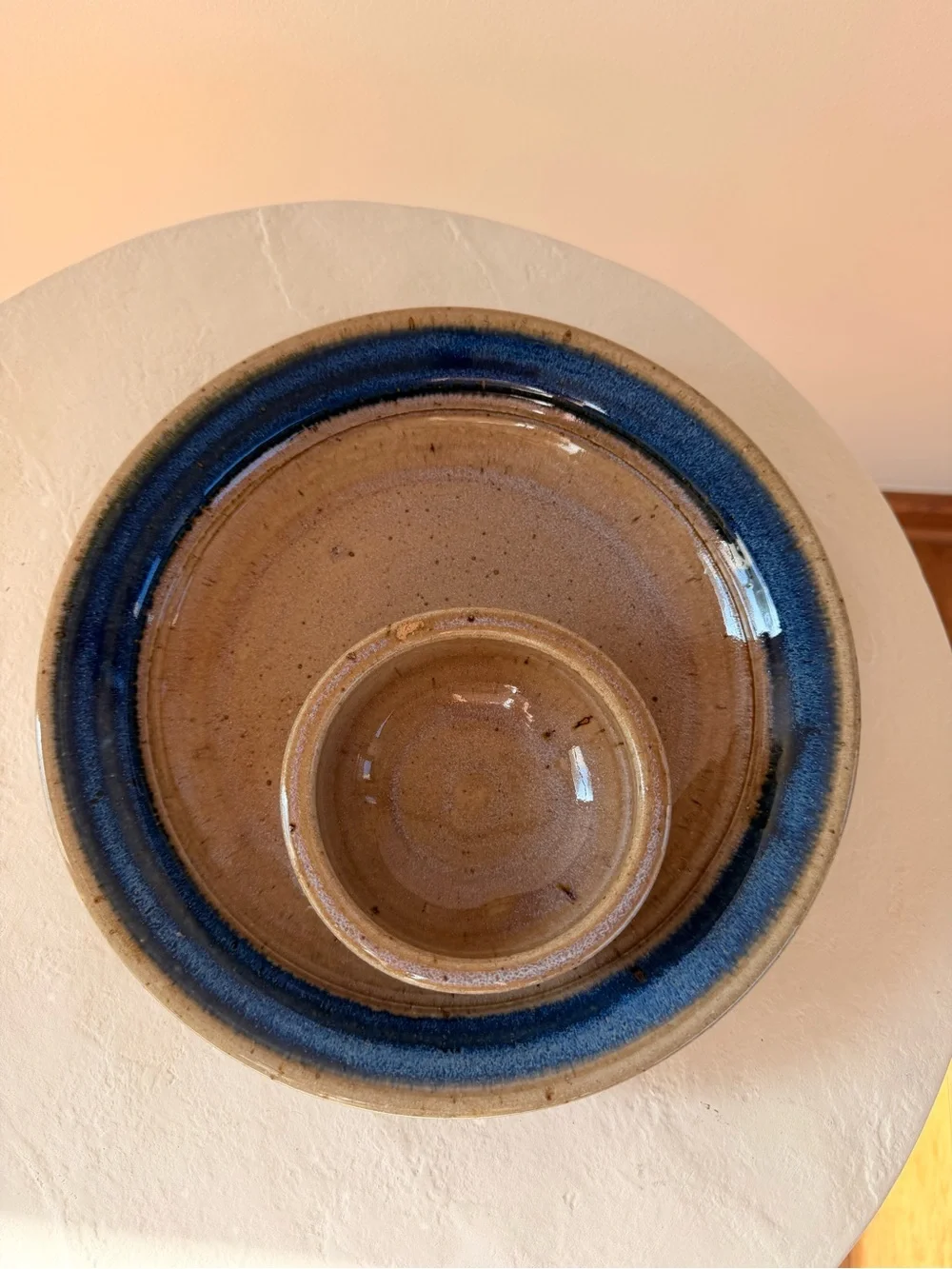 HANDMADE CERAMIC POTTERY SALSA DIP CHIPS SERVING DISH BLUE SPECKLED BROWN GLAZE